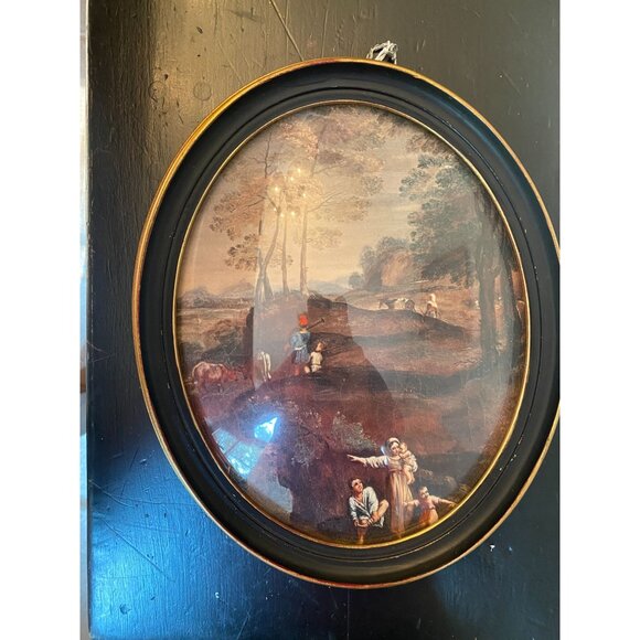 Vintage Oval Convex Bubble Glass Framed Pastoral Landscape Print By E.A. Riba Co - Picture 1 of 6